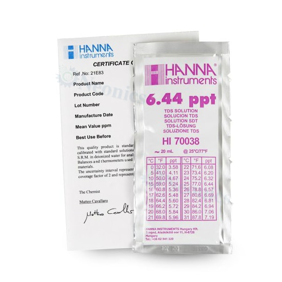 น้ำยามาตรฐานสอบเทียบ TDS Calibration แบบซองรุ่น HI70038C ค่า 6.44 g/L